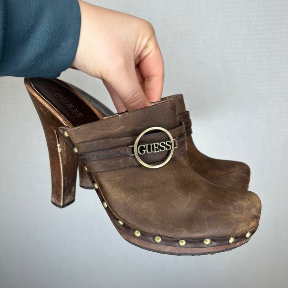 Guess Shoes - Guess Jovanna-T Brown Leather Studded Wood Platform Clog Mules Womens 9M